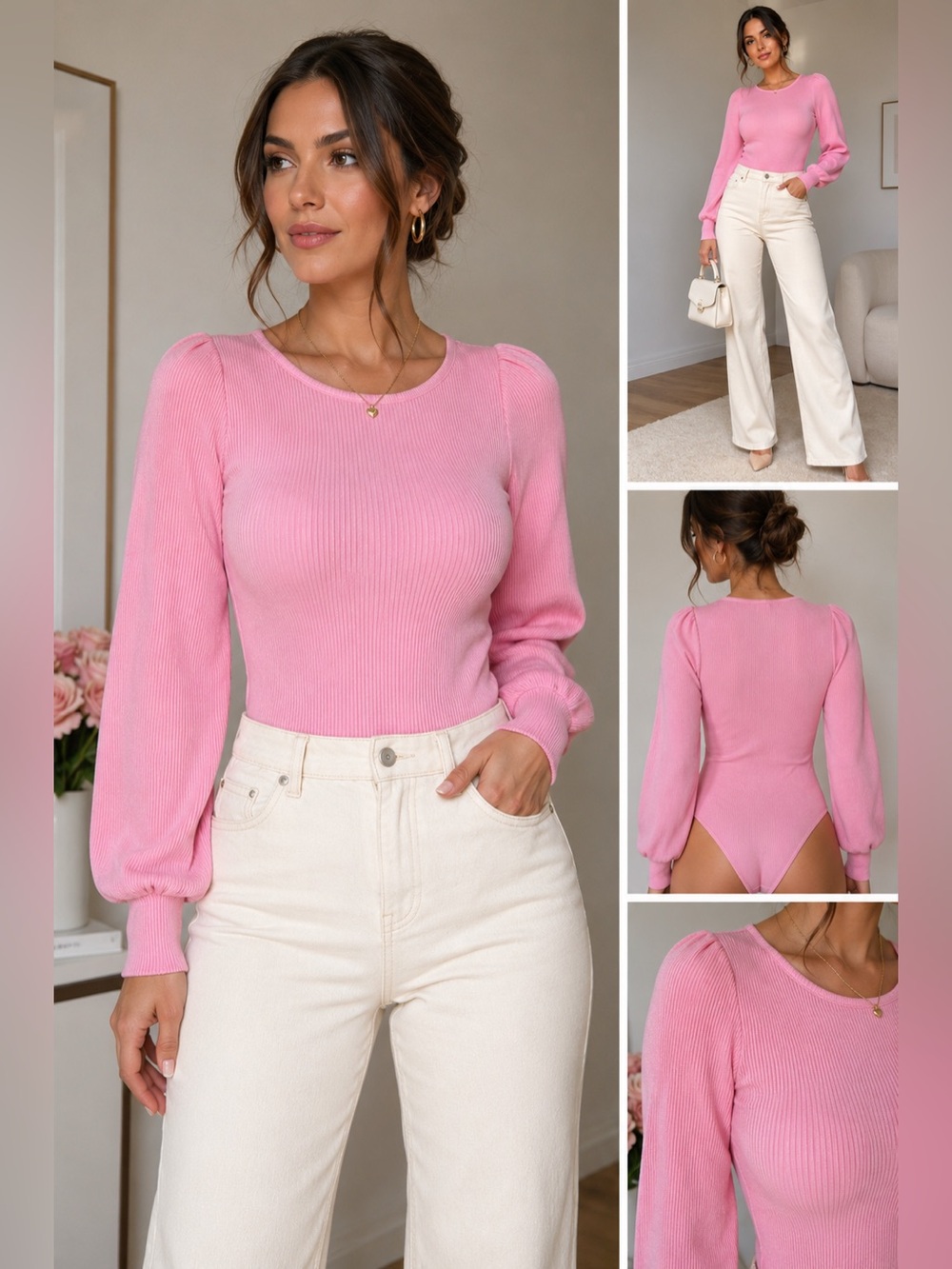 NWT Pink Ribbed Puff Sleeve Bodysuit Small Coquette Balletcore Feminine